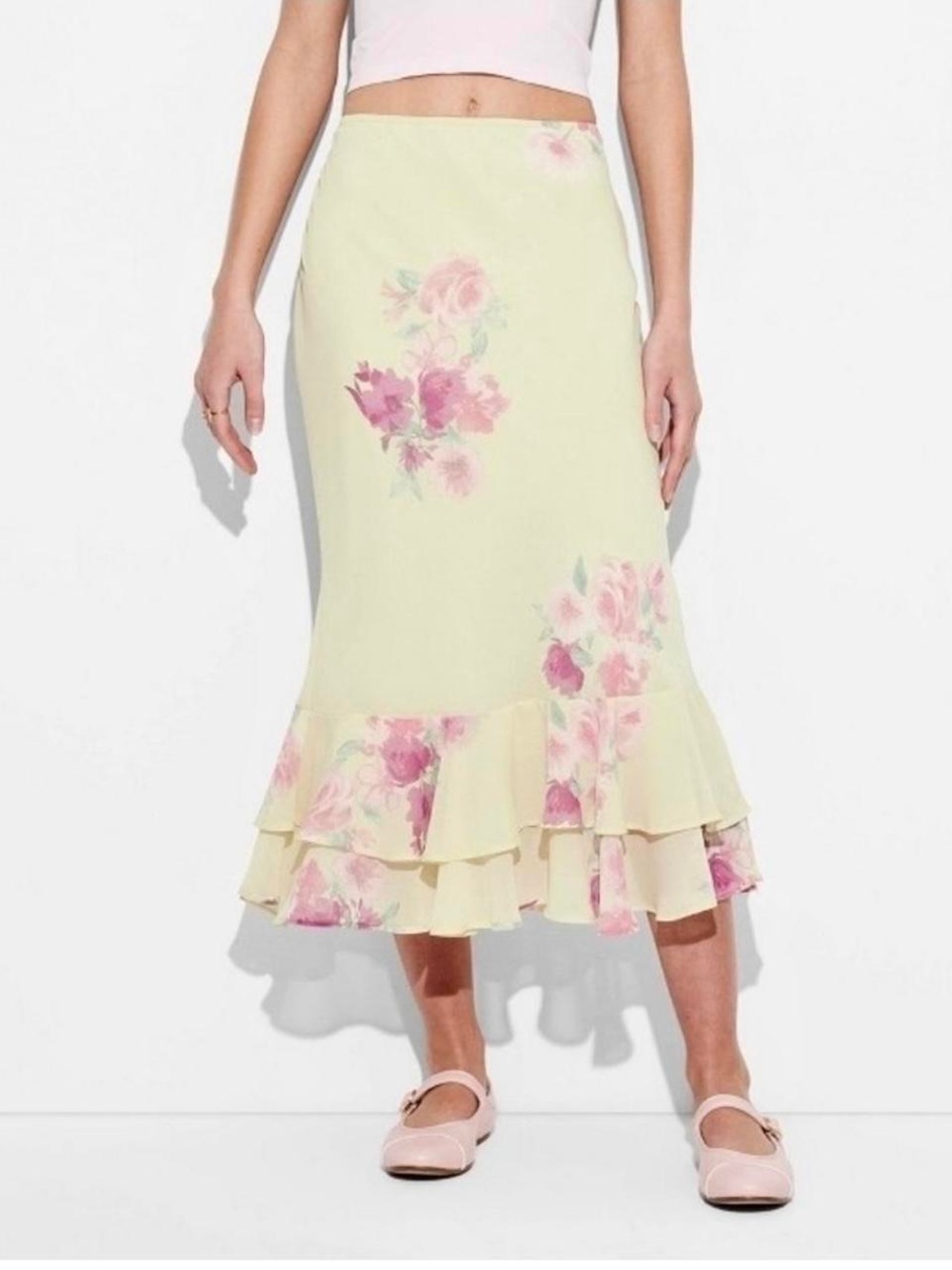 wild fable Floral Ruffle Midi Skirt Pale Green